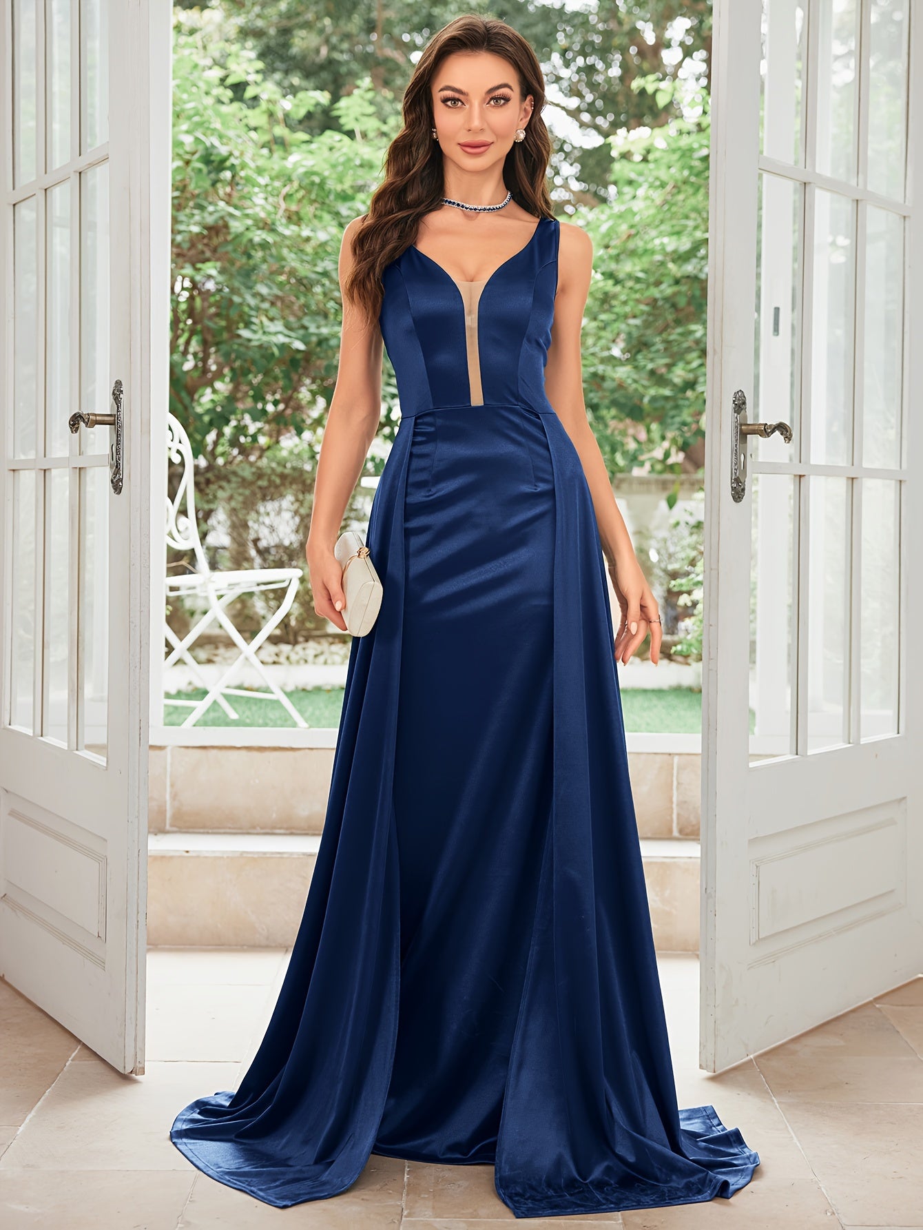 Extra-Long Sleeveless Fit and Flare Satin Dress - Elegant Deep V Neck, Split Details, Micro Elasticity, Flared Hem - Perfect for Wedding, Evening, Occasion, Engagement, Ceremony