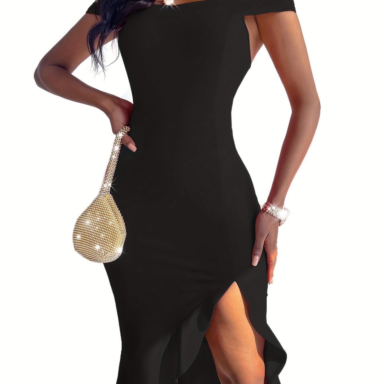 Off Shoulder Split Dress, Sexy Bodycon Ruffle Hem Party Dress, Women's Clothing