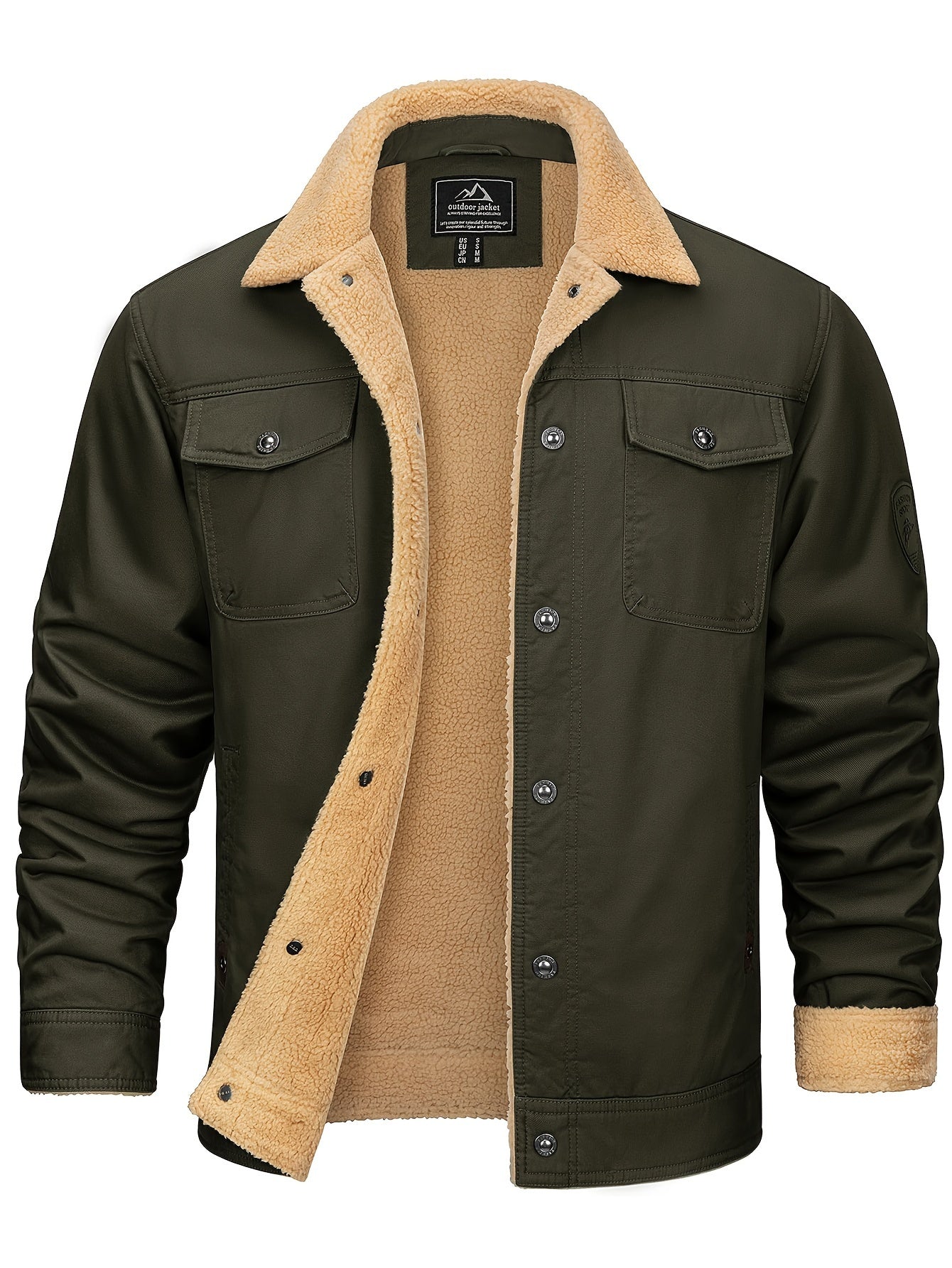 Men's Plus Size Lapel Fleece Jacket Coat Winter Windproof Metal Button Fleece Lined Warm Jacket Adjustable Snap Button Cuffs And Hem Multiple Pockets Soft And Comfortable For Traveling Work Motorcycle Riding Hiking Camping Golf Fleece Warm Jacket