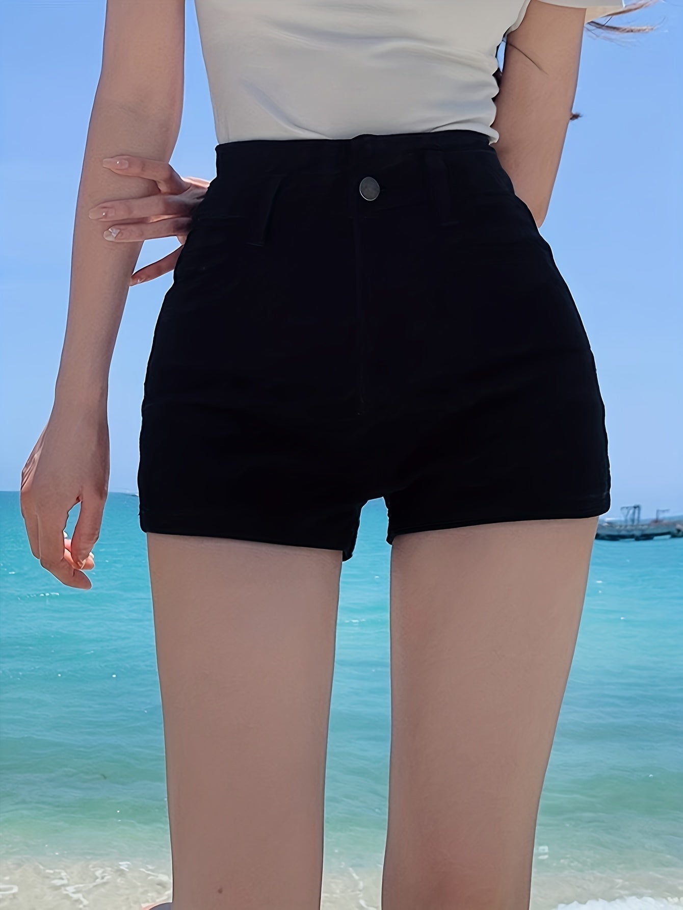 ZllKl Solid Color Casual Denim Shorts, High Rise Zipper Button Closure Denim Shorts, Women's Denim Jeans & Clothing