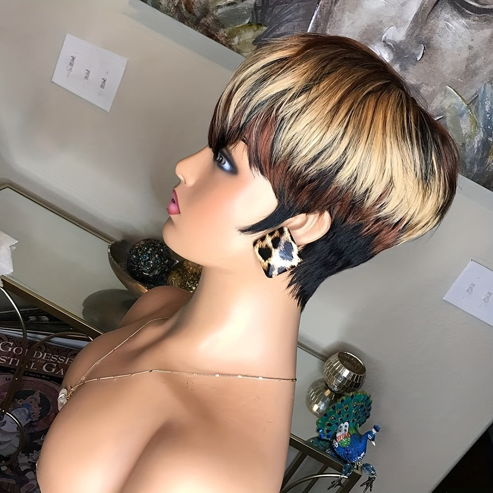 Pixie Cut Wig For Women Human Hair 1B/4/27 Short Wigs With Bangs Pixie HairCut Wig For Women Hair Replacement Wig None Lace Front Wig Layered Colored Full Machine Made Wig Glueless Short Wigs For Women 150%