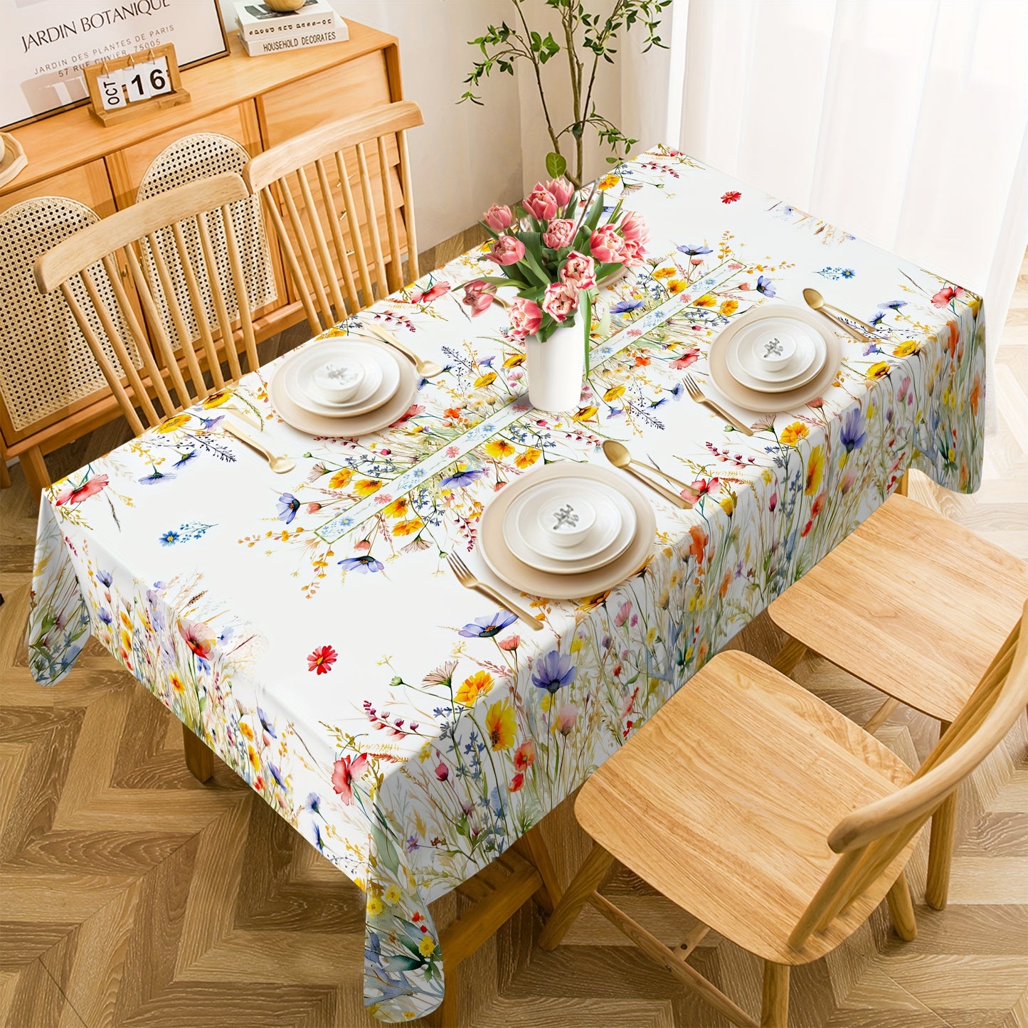 1pc Charming Watercolor Floral Tablecloth - Fresh Pastoral Wheat Motif - Seasonal Rectangle Table Cover for Spring Picnics & Holiday Celebrations, Elegant Home Decor