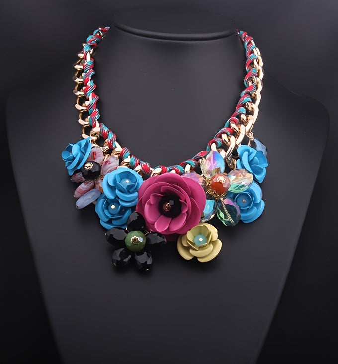 1pc Women's Bohemian Retro Style Colorful Floral Gem Necklace, Rope Braided Collarbone Chain, Trendy Accessory For Ladies Spring And Summer