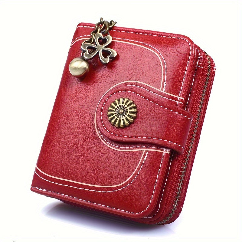 Vintage Solid Color Short Wallet, Zipper Around Coin Purse, Classic Women's Credit Card Holder