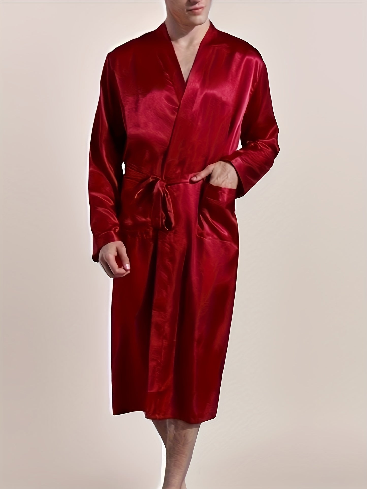 Men's Comfy Solid Glossy Robe For Home Pajamas Wear One-piece Lace Up Kimono Night-robe Sets After Bath