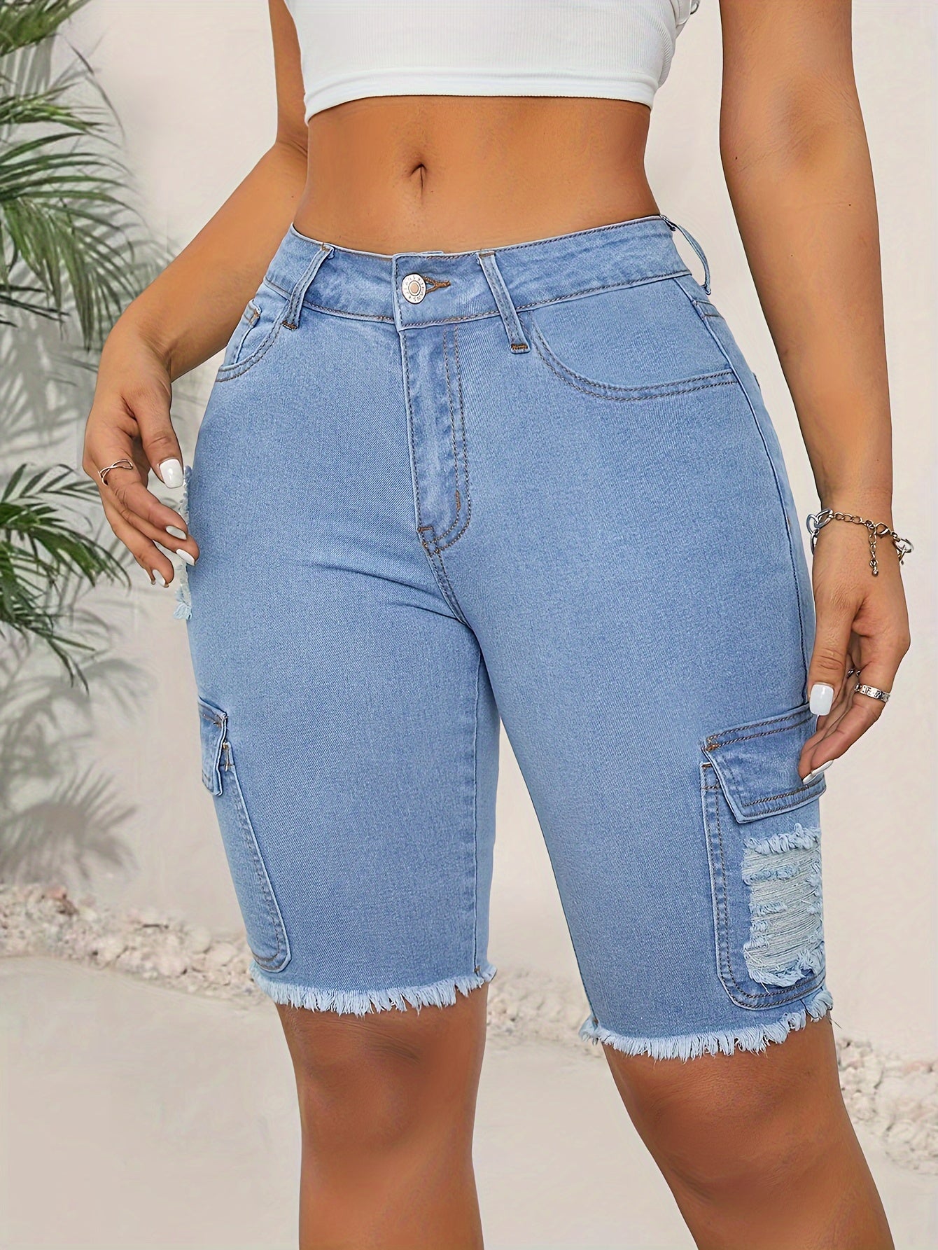 ZllKl Women's High-Waist Elastic Denim Bermuda Shorts, Blue Fashion Utility Pocket, Street Style, Frayed Hem