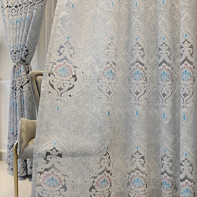 1pc Exquisite Grey and Blue Jacquard Embroidered Window Sheer Curtain - Adds Elegance to Living Room, Bedroom, Balcony with Soft Filtered Light, Privacy Protection, and Easy Installation - Perfect Home Decor for Windows