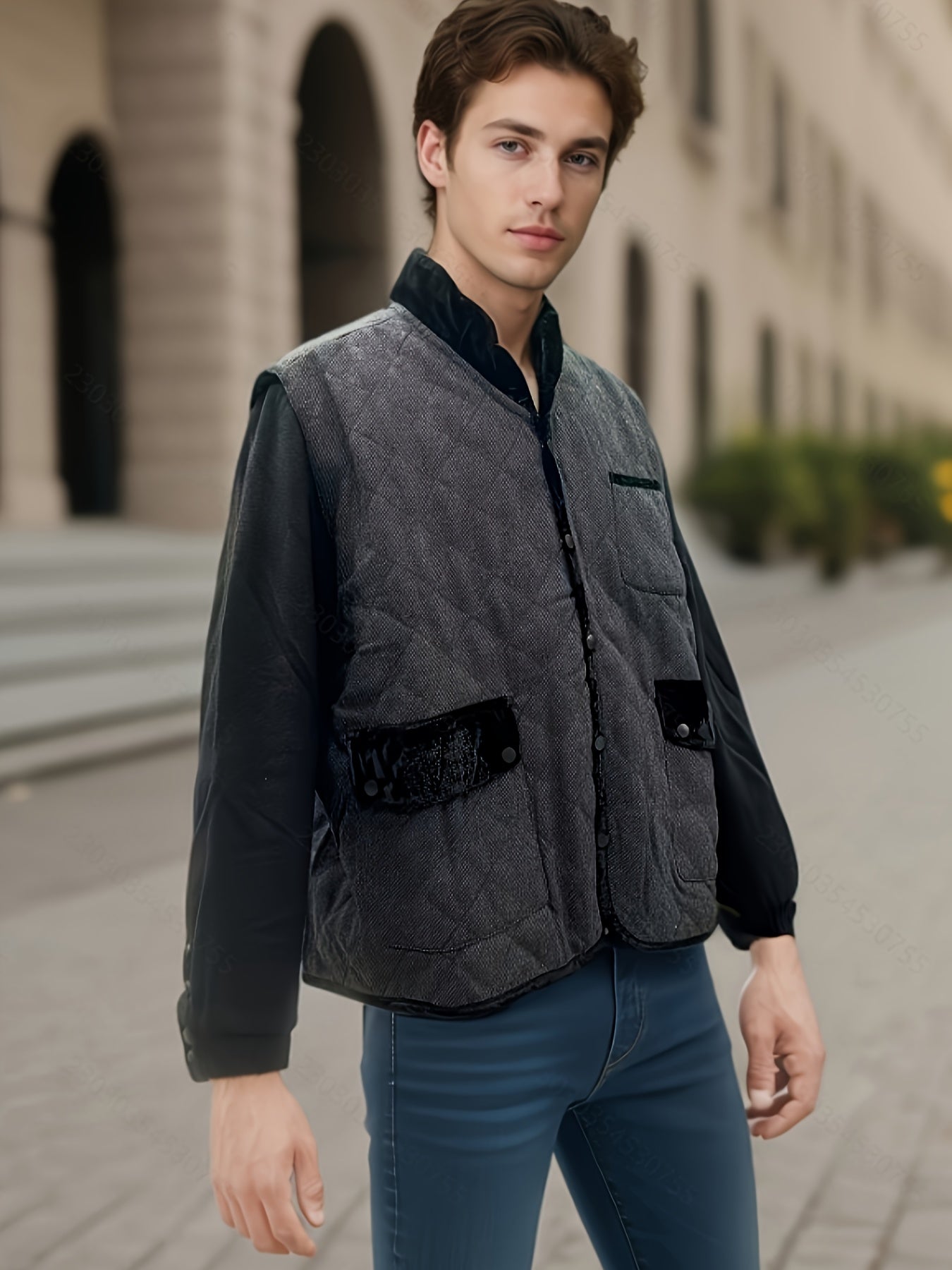 Men's Fleece-Blend Fleece Vest - Sleeveless, Stand Collar, Perfect for Parties & Weddings, PLUS SIZE