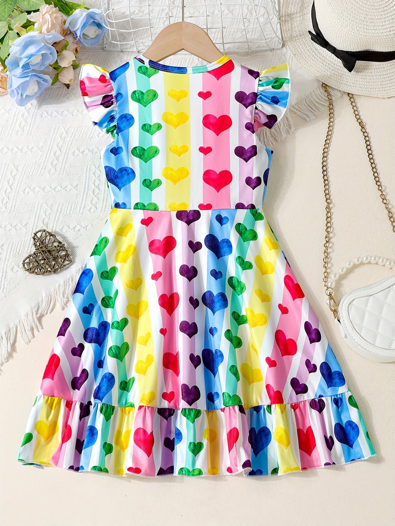 Girls Vibrant Hearts Print Round Neck Flying Sleeve Midi Dress - Adorable & Flowy for Summer Romance & Valentines Day