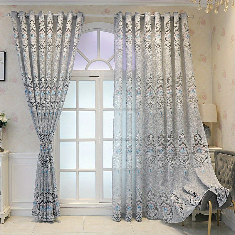 1pc Exquisite Grey and Blue Jacquard Embroidered Window Sheer Curtain - Adds Elegance to Living Room, Bedroom, Balcony with Soft Filtered Light, Privacy Protection, and Easy Installation - Perfect Home Decor for Windows