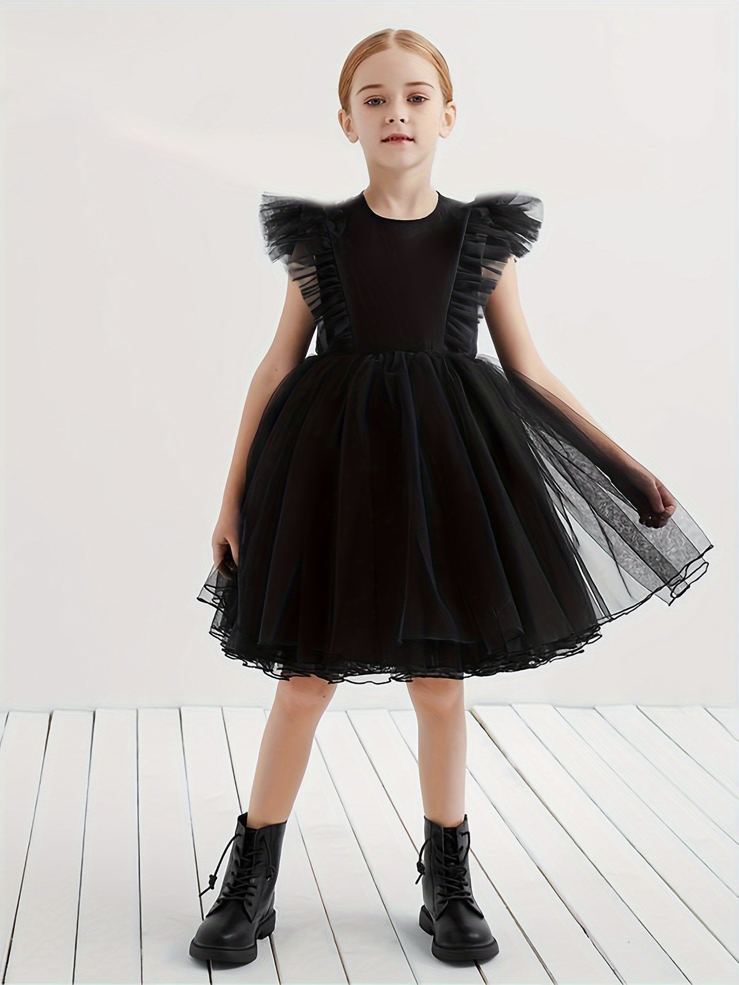 Elegant Fitted Princess Tutu Dress for Girls - Solid Color Non-Stretch Polycotton Mesh Material, Regular Fit, Hand Washable, Perfect for Party Performance and Gift - All-Season Wear, Woven Construction