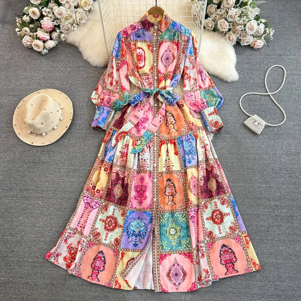 Basic Casual Women Dresses Runway Designer Spring Linen Maxi Dress for Women Elegant Long Lantern Sleeve Colorblack Printed Party Vestidos Aline