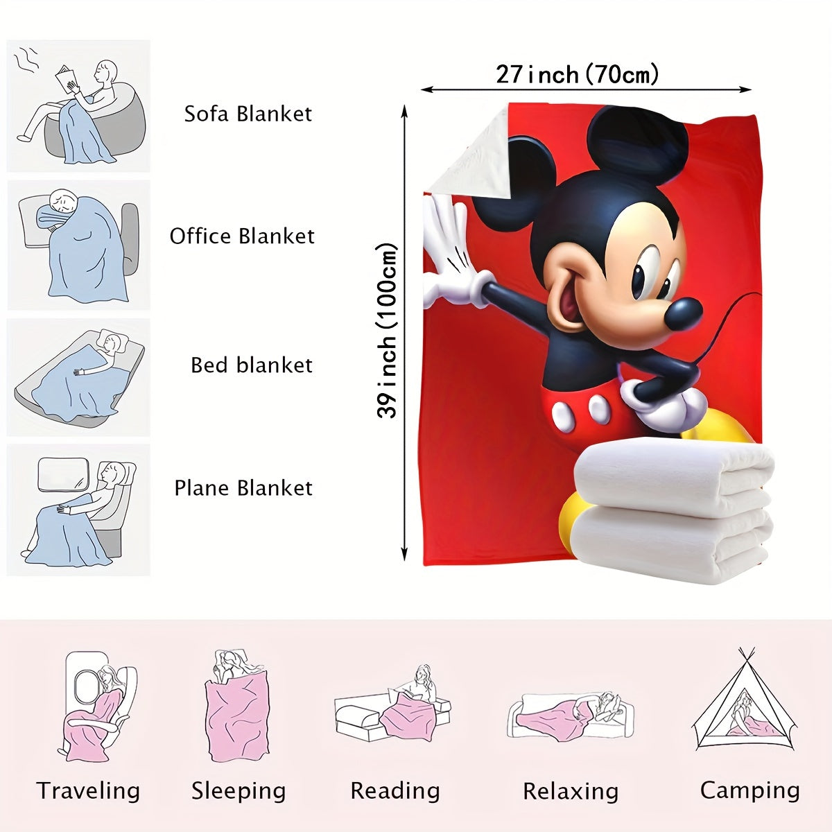 UME Mickey Mouse Flannel Throw Blanket - Soft, Warm & Cozy for Couch, Bed, Travel, Camping | All-Season Comfort