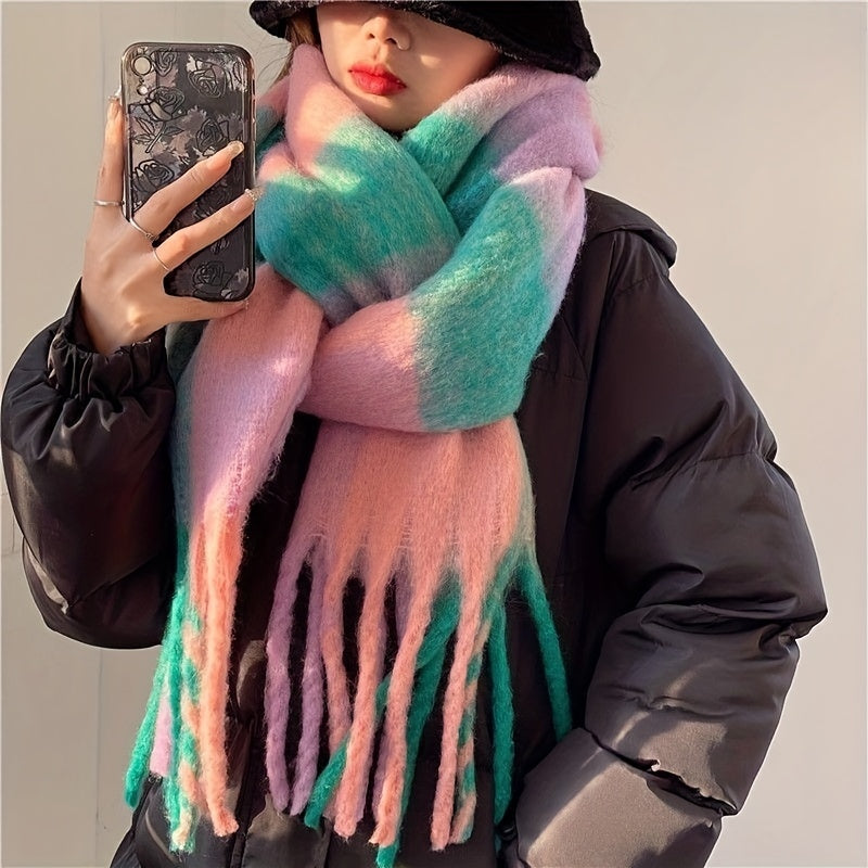 Autumn Winter Rainbow Color Boho Plaid Tassel Chunky Scarf - Soft Imitation Mohair, Eye-Catching Tassel Details, Thick and Plush Design, Long Stylish Neckerchief - Vibrant Shawl for Cold Weather