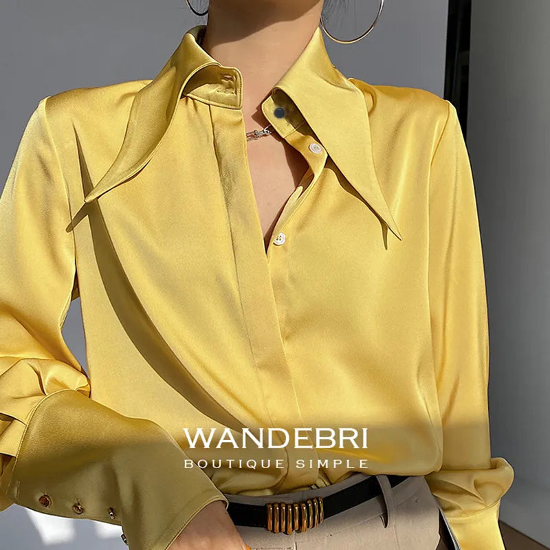 Women's Blouses Shirts Autumn Vintage Satin Silk Women Shirt Elegant Turn Down Collar Woman Blouse White Long Sleeve Ladies Tops Blusas 16946 230111