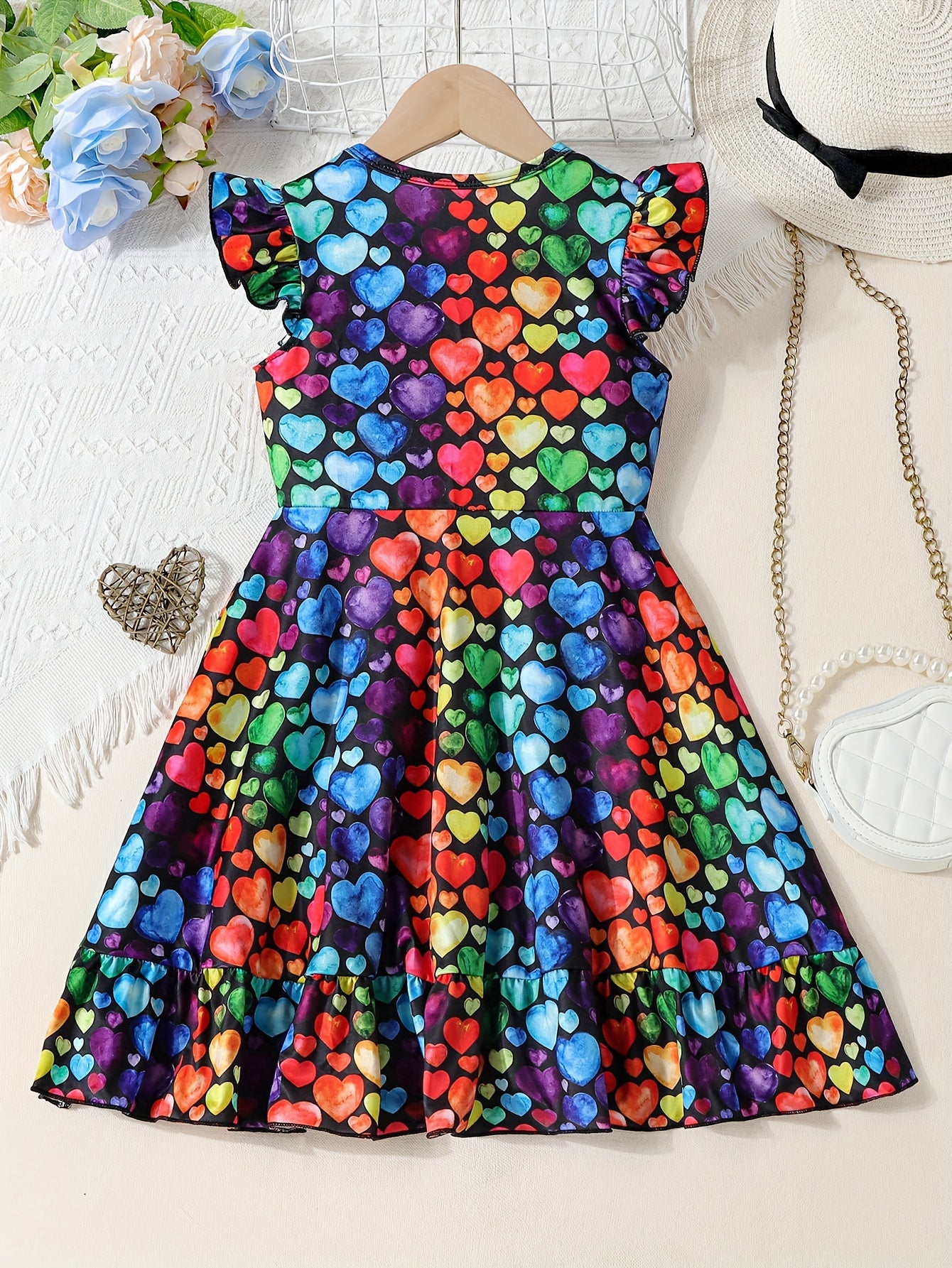 Girls Vibrant Hearts Print Round Neck Flying Sleeve Midi Dress - Adorable & Flowy for Summer Romance & Valentines Day