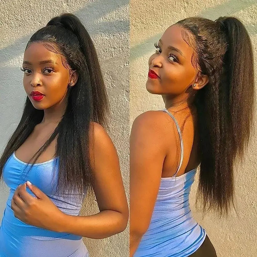 Mongolian Hair Black Kinky Straight Wigs For Black Women Glueless Human Hair Wig Yaki HD Transparent Glueless Full Lace Front Wig Pre Plucked