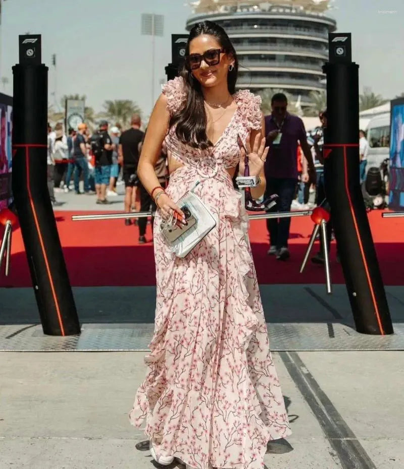 Casual Dresses Women Summer Floral Holiday Dress Elegant Sleeveless V Neck Cut Out Appliques Long High Street Going Party