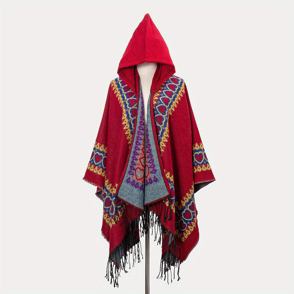 Cozy Oversized Hoodie Scarf Blanket - Stylish Boho Geometric Print with Tassels - Ultra-Soft Warm Cape for Outdoor Adventures, Windproof & Thick Cardigan Shawl