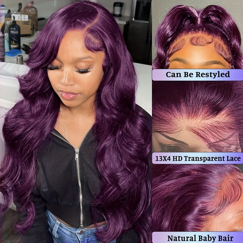 Dark Burgundy 13x4 Body Wave Lace Front Wigs Human Hair 150% Density Deep Smokey Purple Body Wave Wigs For Women HD Transparent Lace Front Wigs Glueless Human Hair Pre Plucked With Baby Hair