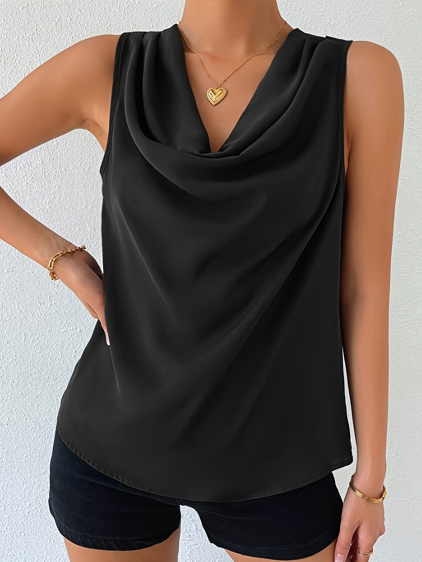Rich Solid Cowl Neck Blouse - Chic Sleeveless Draped Top - Fashionable Womens Casual Wear