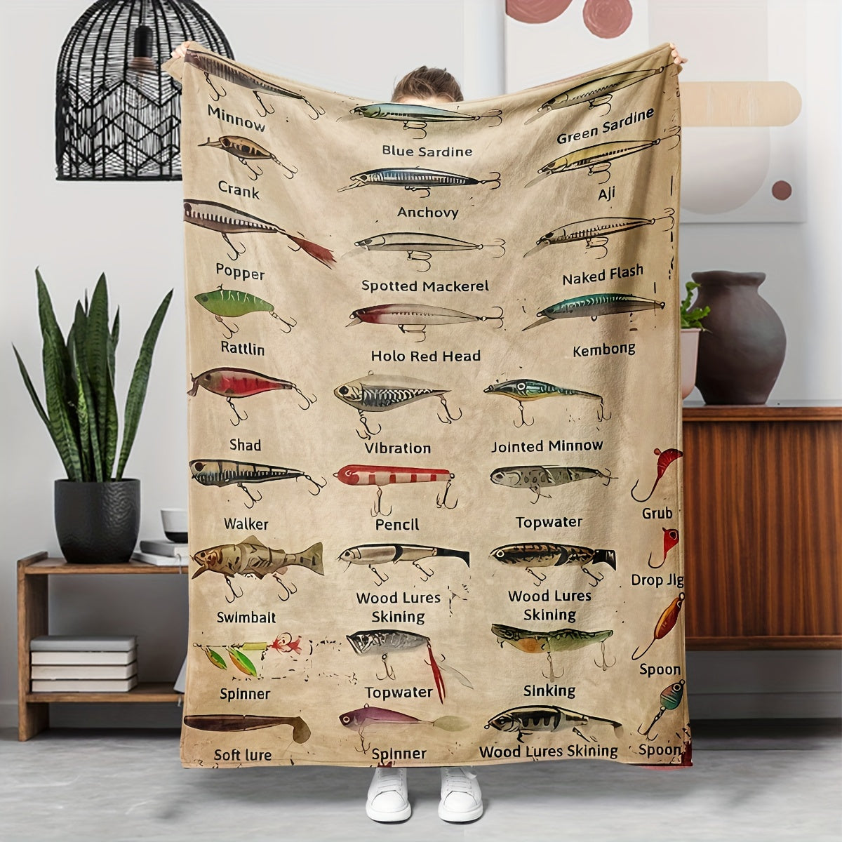 1pc Soft & Warm Flannel Blanket - Complete Fishing Bait Pattern, Cozy Sofa Bed Office Throw, Small Nap Blanket for Ultimate Comfort and Relaxation - Perfect for Indoor Outdoor Use