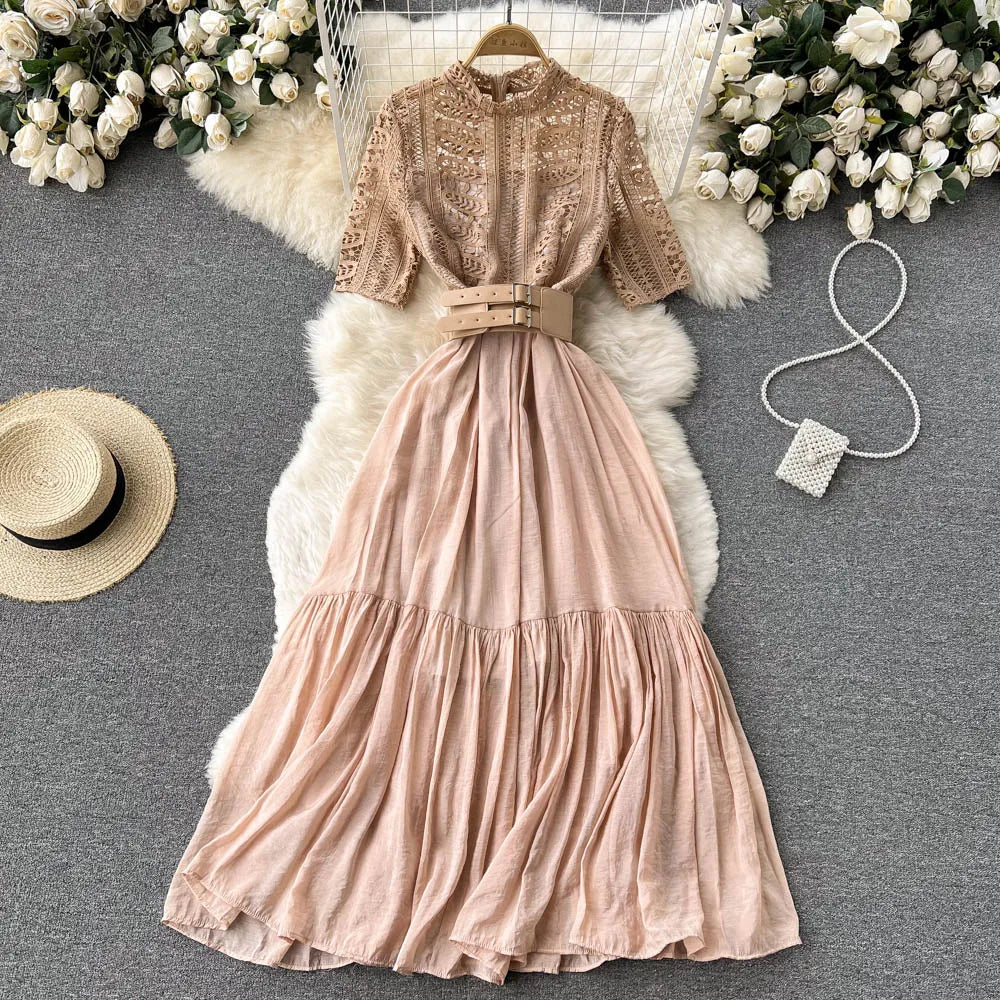 New Summer Elegant Women Stand Collar Long Dress Vintage Female Lace Patchwork Dress Empire Slim Fairy with Belt