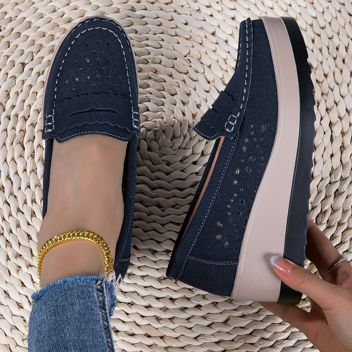 Stylish Womens Hollow Wedge Loafers - Breathable, Soft, and Comfortable Round Toe Slip-On Shoes with Casual Soft Sole for Outdoor and Daily Wear - Perfect for Spring and Summer