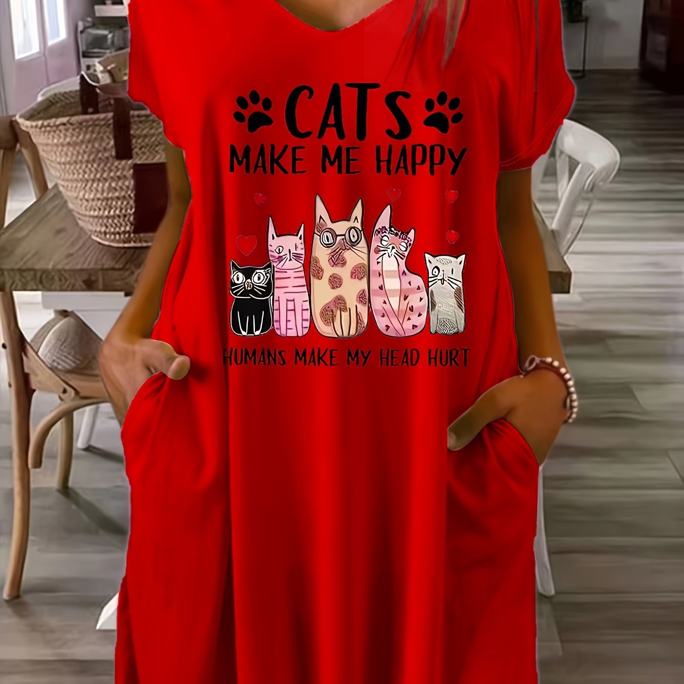 Plus Size CATS Print V Neck Tee Dress, Casual Pocket Short Sleeve Loose Dress For Spring & Summer, Women's Plus Size Clothing