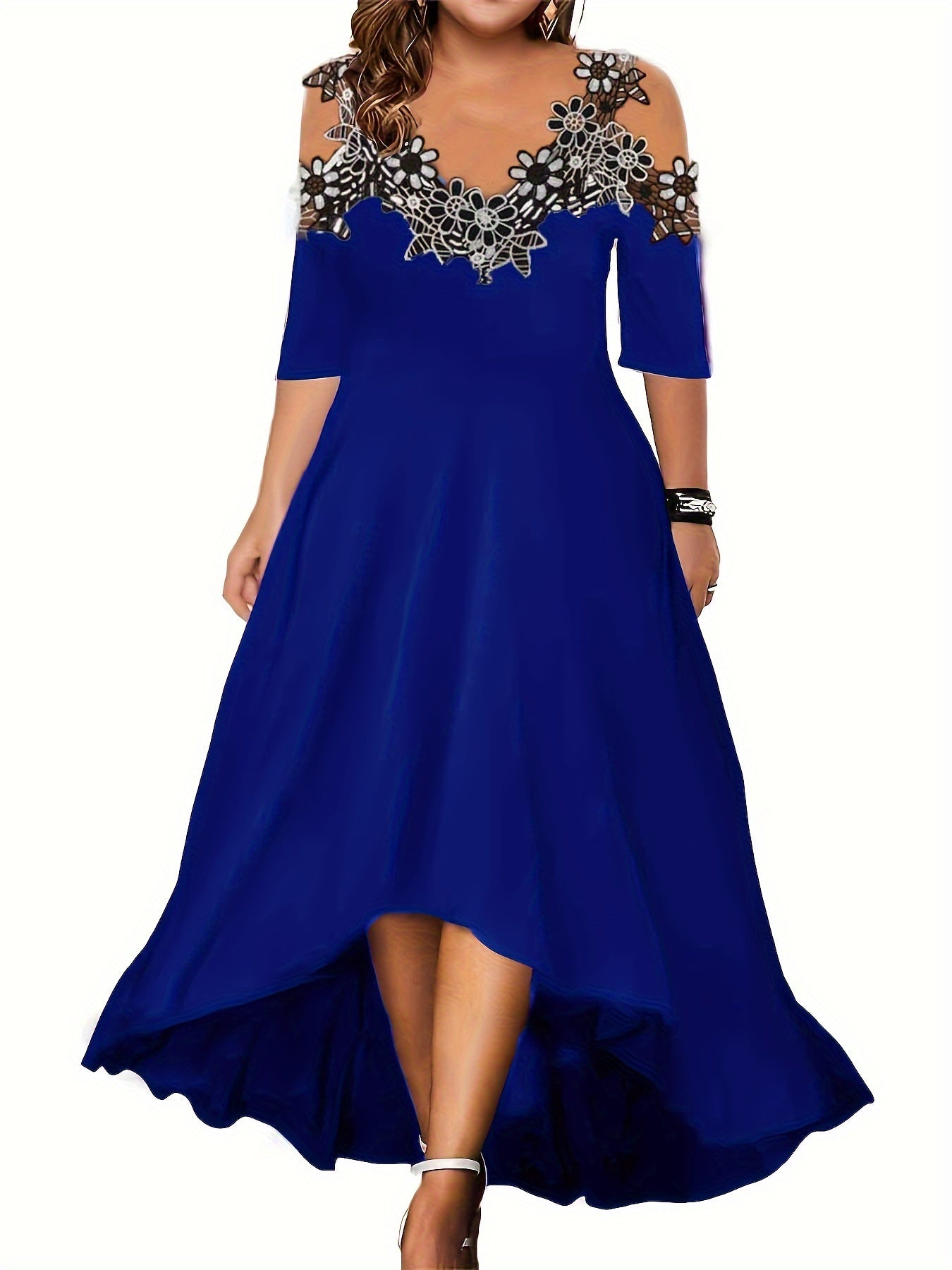 Plus Size Floral Chic V Neck Cold Shoulder Lace Stitching Dress - Elegant Short Sleeve Women's Clothing for Special Occasions - Perfect for Summer, Party, Wedding, and Date Night