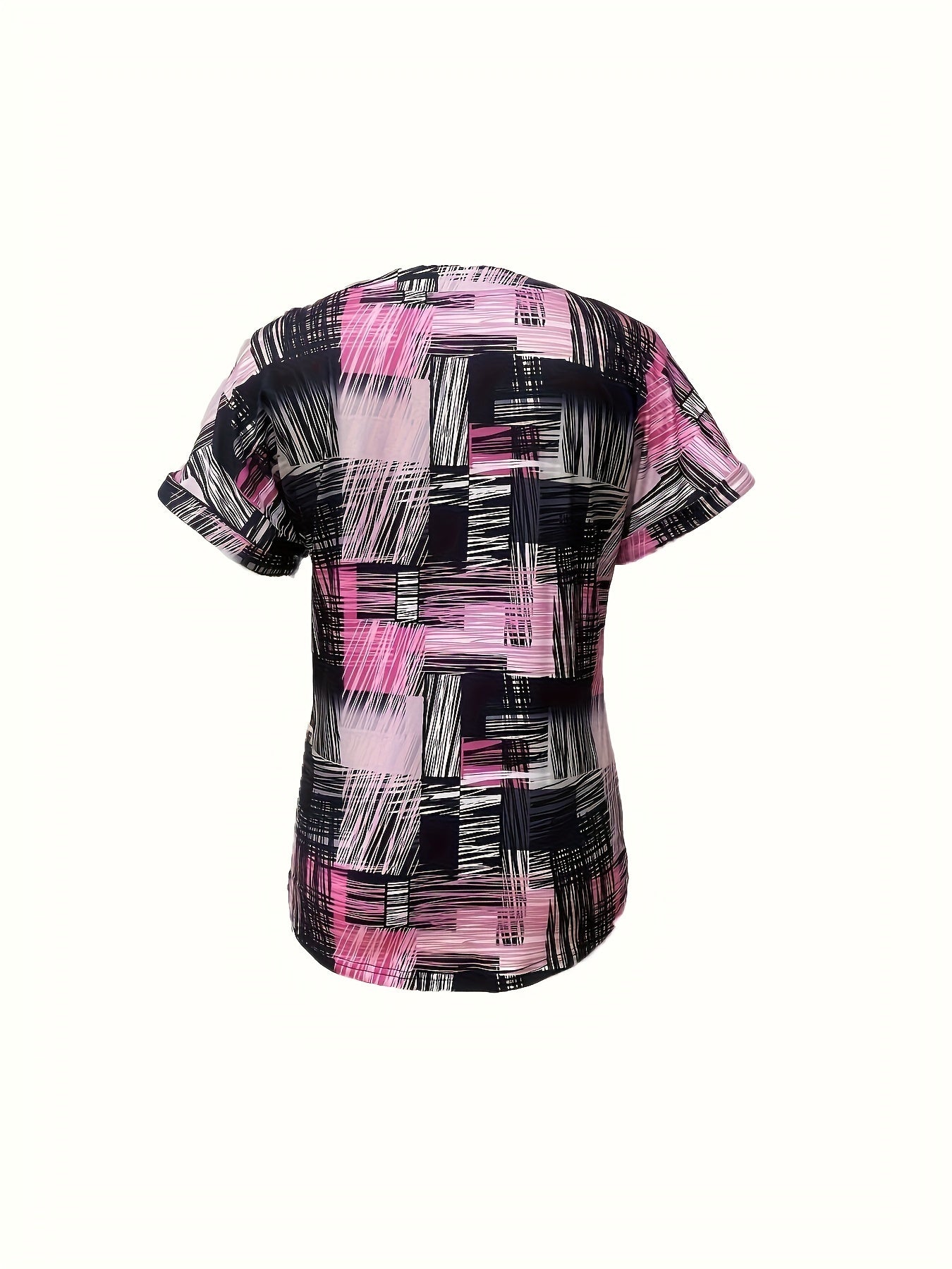 Plus Size V-Neck Short Sleeve Casual Blouse - Soft Slight Stretch Polyester Fabric, Random Print, Button Front, All-Season Wear - Womens Comfortable Knit Top for Spring and Beyond