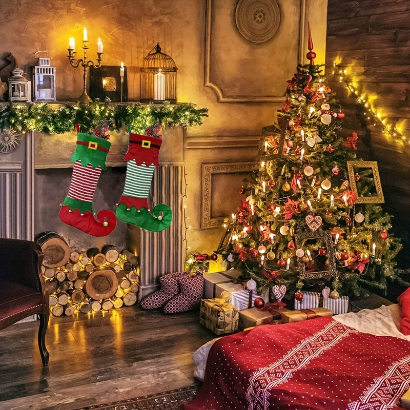 2-Piece Festive Elf-Inspired Christmas Stockings - Vibrant Contemporary Style Polyester Hanging Socks with Sparkling Accents for Festive Home Decor, Holiday Themes, and Universal Christmas Decorations Without Feathers