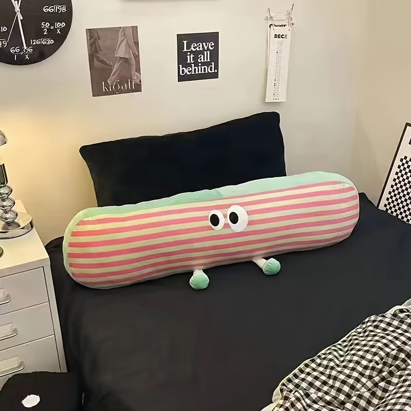 Cartoon Eyes Striped Long Throw Pillow, Casual Style, Removable Microfiber Cover with Cotton Filling, Multipurpose Side-Sleeper Support Cushion for Bedroom and Dorm Decor, Hand Wash, Zipper Closure, All-Season Use