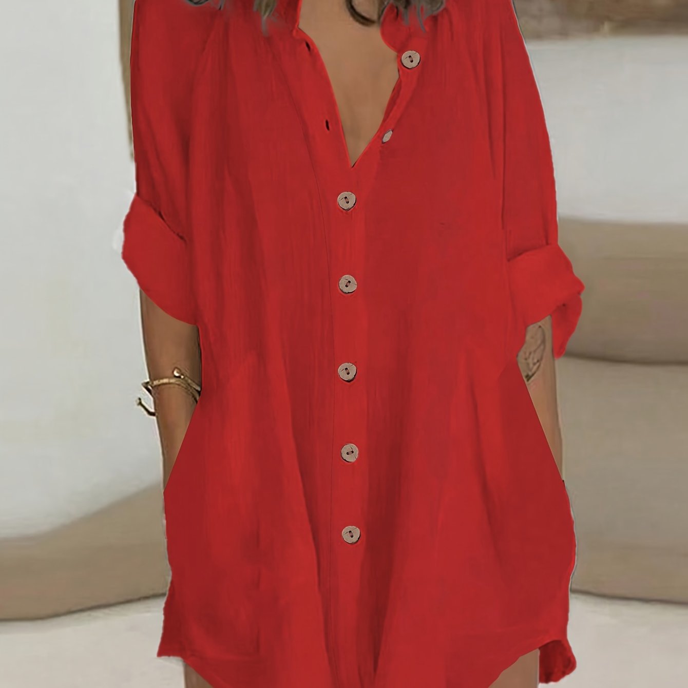 ZllKl Plus Size Simple Solid Shirt, Casual Button Front Long Sleeve Shirt, Women's Plus Size Clothing