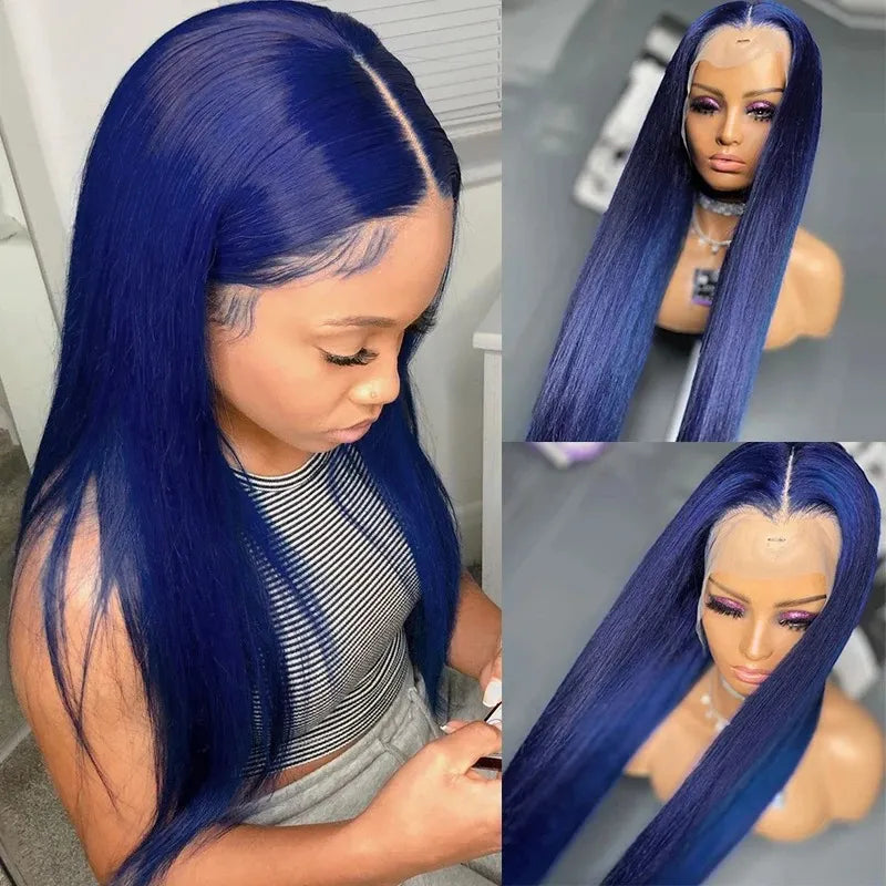 Midnight Blue Straight Lace Frontal Human Hair Wigs Brazilian 13X6 Lace Front Wig Dark Blue 250% Density Full Lace Wig for Women