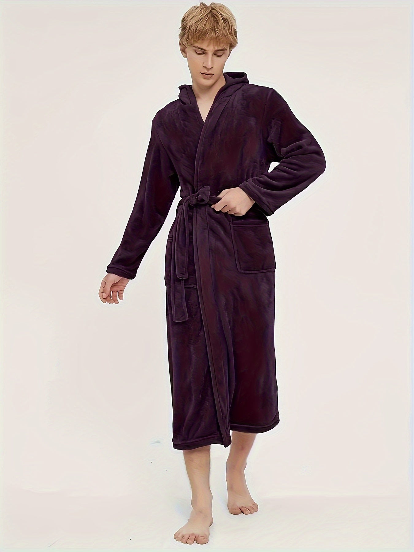 Men's Casual Nightgown, Soft And Comfortable Hooded Robes Full Length With Pockets, New , Plain Hooded Flannel
