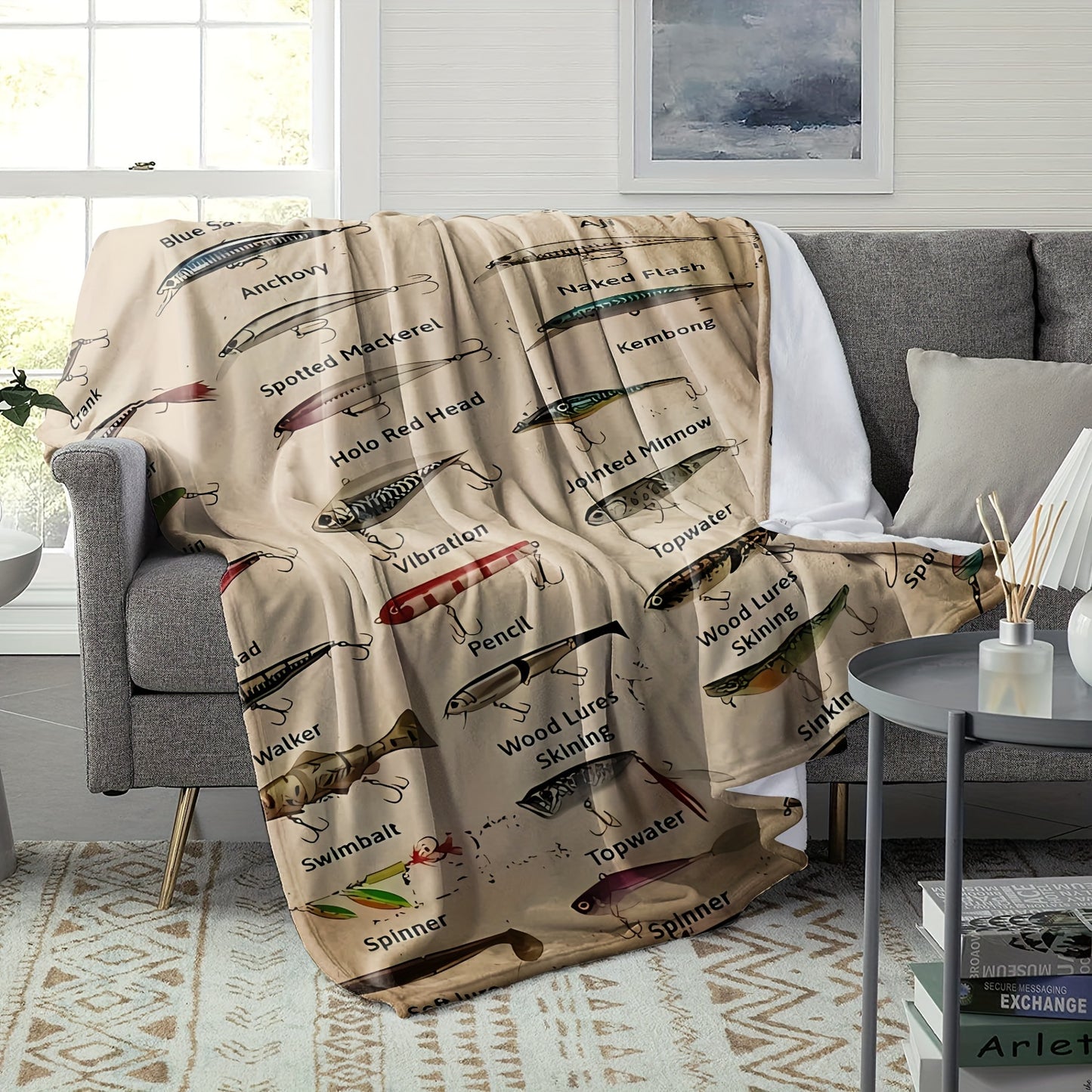 1pc Soft & Warm Flannel Blanket - Complete Fishing Bait Pattern, Cozy Sofa Bed Office Throw, Small Nap Blanket for Ultimate Comfort and Relaxation - Perfect for Indoor Outdoor Use