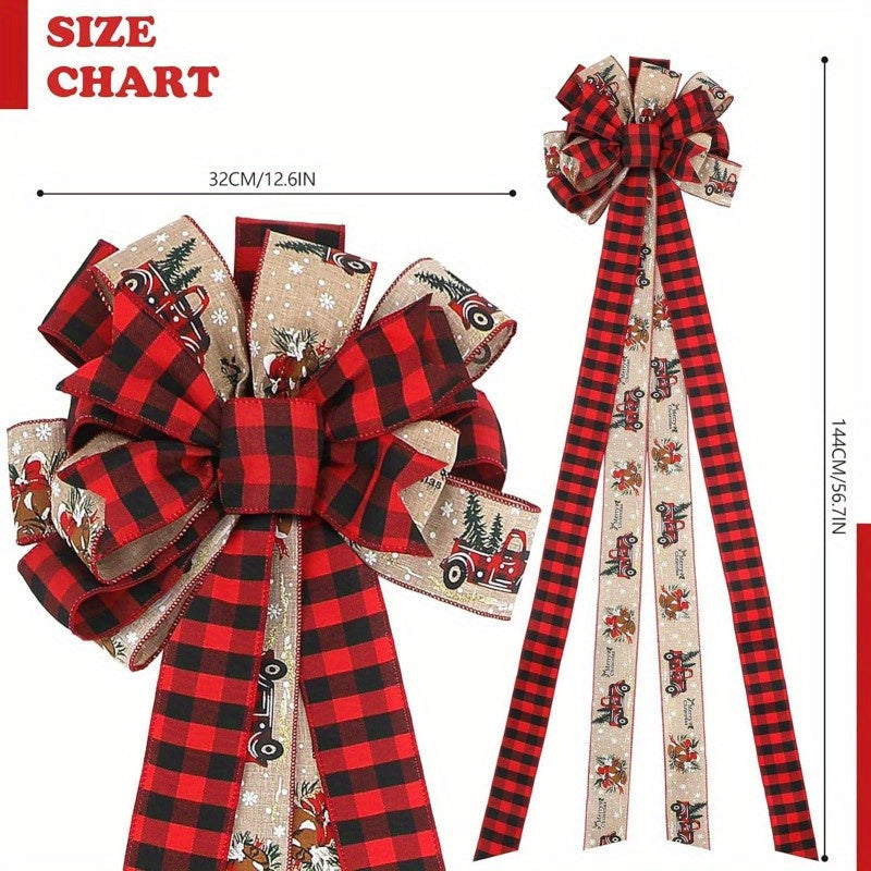 Christmas Tree Topper, Large Christmas Bows Wreath Decoration, Buffalo Plaid Xmas Tree Topper Ornament, Red Xmas Decorative Bow Garland for Indoor Outdoor, Front Door, Merry Party Supplies