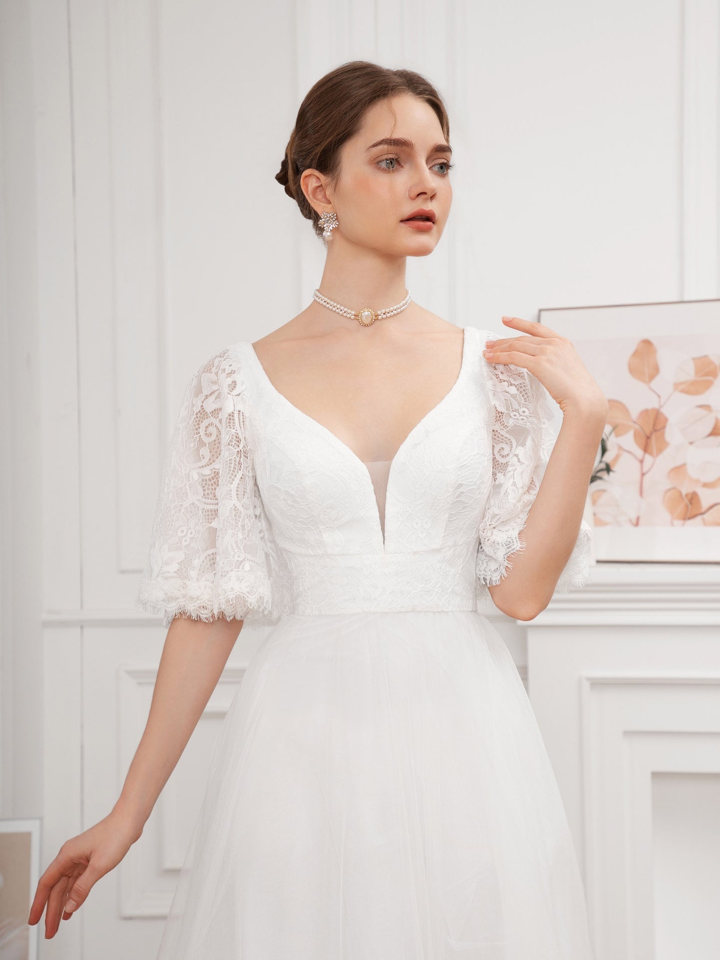 Long Lace Flutter Sleeve A-Line Wedding Dress - Elegant Deep V Neck, Contrast Lace, Half Sleeve, Floor Length, Woven, No Elasticity - Perfect for Adult Women