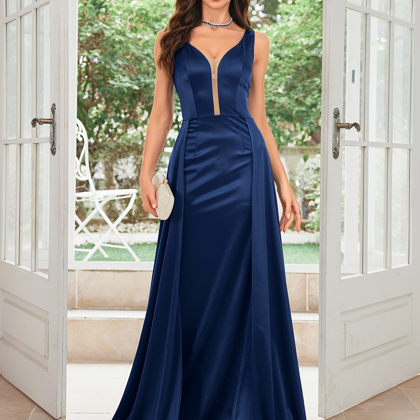 Extra-Long Sleeveless Fit and Flare Satin Dress - Elegant Deep V Neck, Split Details, Micro Elasticity, Flared Hem - Perfect for Wedding, Evening, Occasion, Engagement, Ceremony