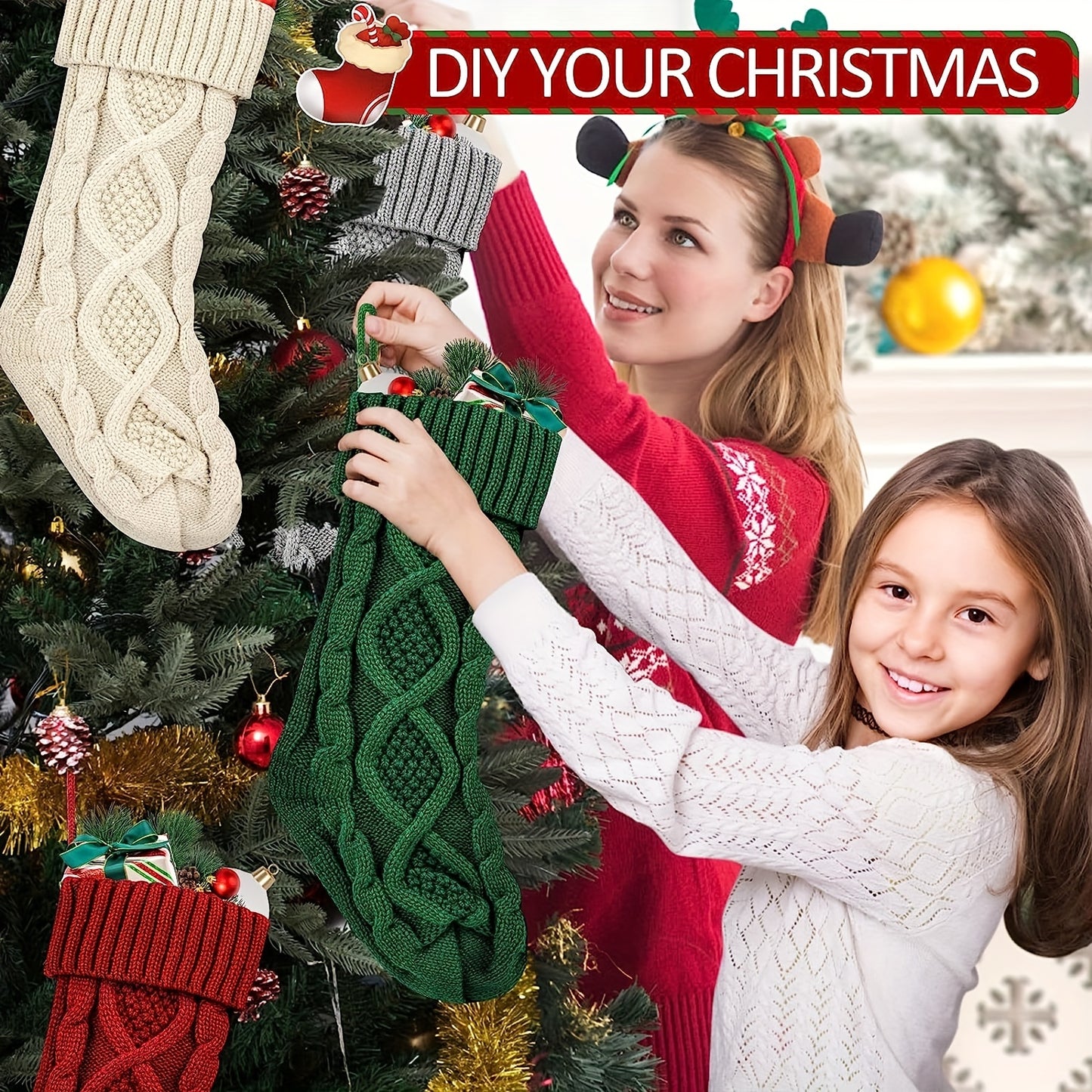 4pcs Extra-Large Soft Knitted Christmas Stockings - Vibrant Decorations in Ivory, Burgundy, Gray, and Green - Perfect for Fireplaces, Christmas Trees, Families, Holiday Parties, and Decorations