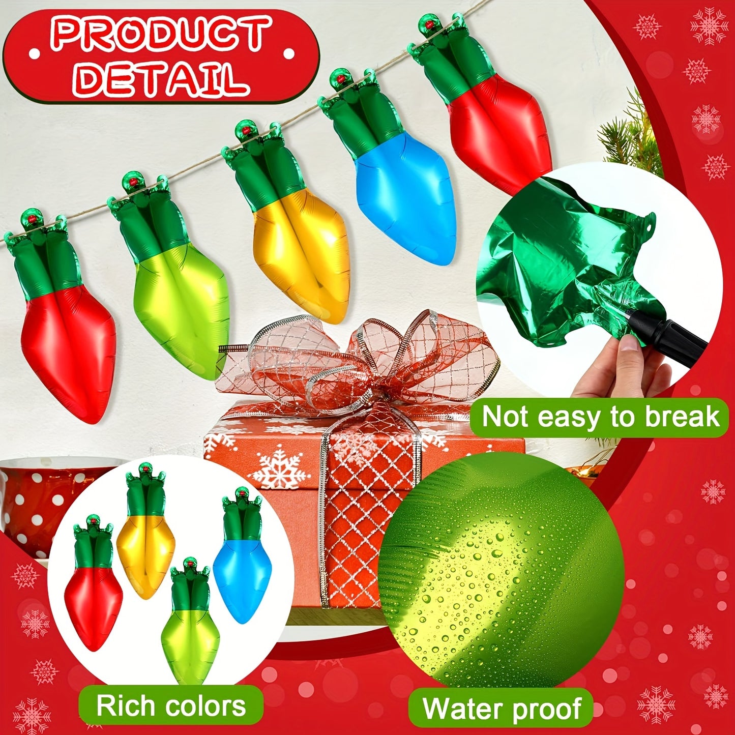 60pcs Christmas Light Bulb Shaped Balloons - Inflatable Foil Xmas Decorations with 98 Feet Nylon Rope for Party Decor, Festive Holiday Celebrations, and Winter Wonderland Themes
