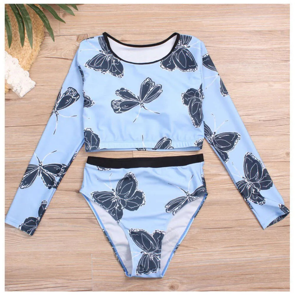 New Long Sleeved High Waist Women's Split Bikini Blue White Black Swimsuit