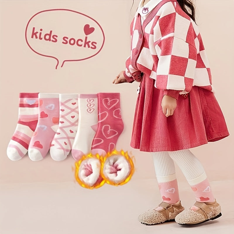 5 Pairs Girl's Children's Warm Hearts Pattern Crew Sock Moisture Wicking Comfy For Winter Outdoor Wearing