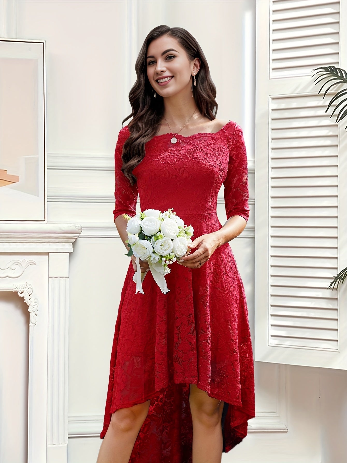 Elegant Off the Shoulder Lace Stitching Pendulum Dress - Micro Elastic Polyester, Half Sleeve, High-Low Hem, Solid Color, Hand Washable - Perfect for Wedding, Party, Banquet, and Engagement Occasions