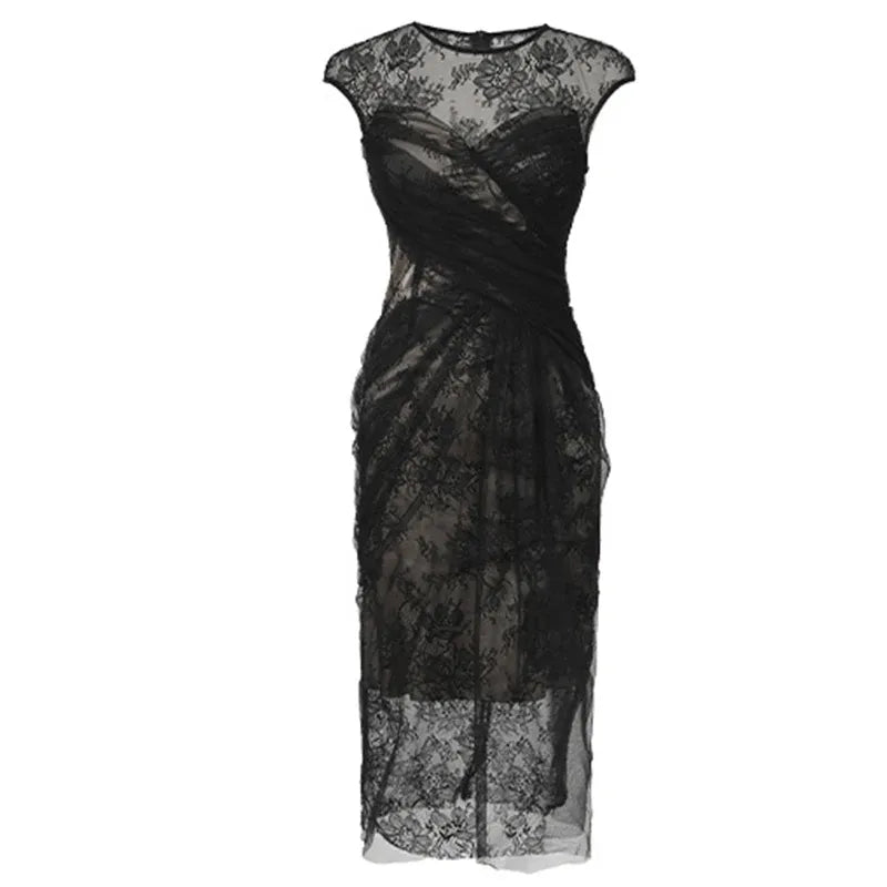 Basic Casual Dresses Women Fashion French Retro Maxi Dress Woman Sheer Mesh Lace Embroidery Skinny Robe Party Vestidos Prom Banquet Gown Femme