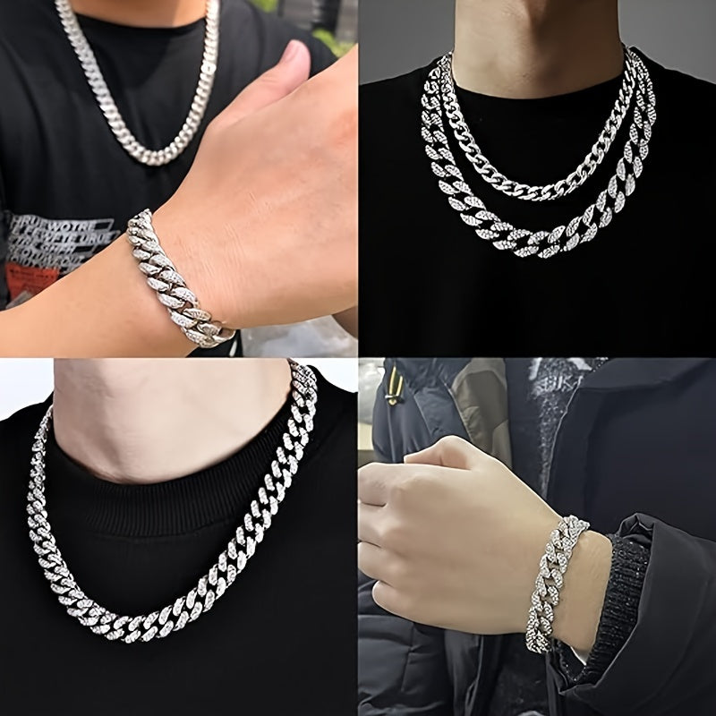 1pc Shiny Cuban Chain Icy Miami Men Womens Cuban Necklace Choker Silvery/Golden Shiny Rhinestone Hip Hop Jewelry For Women