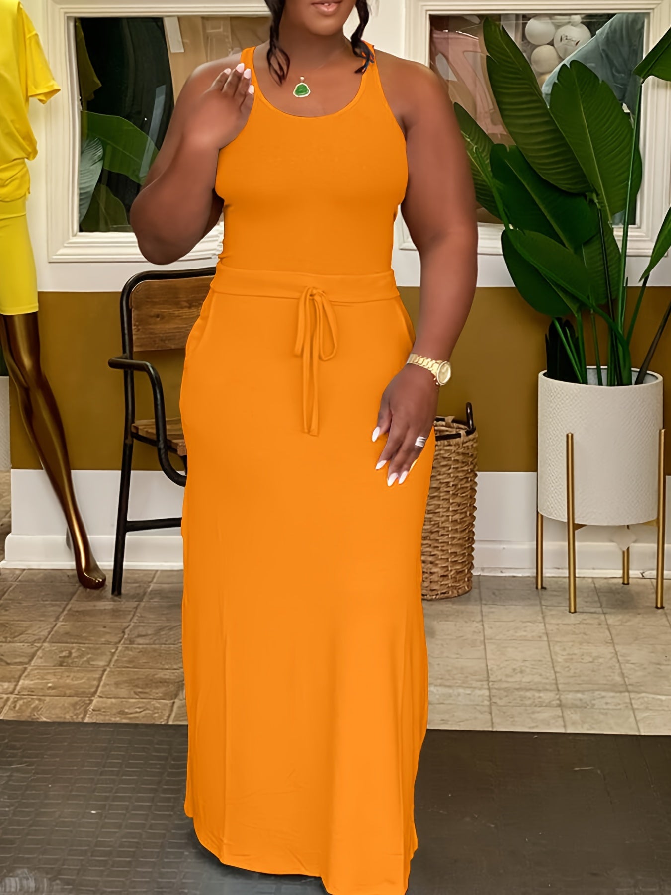 Plus Size Chic Solid Slim Belted Tank Maxi Dress - Comfortable Sleeveless Design for Spring & Summer - Women's Casual Wear for Curvy Figures