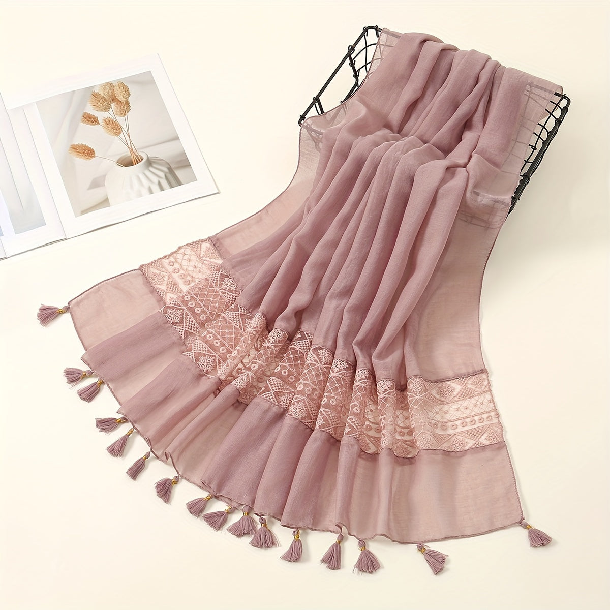 Delicate Embroidered Lace Tassel Scarf - Fashionable & Elegant for Casual Wear - Versatile Cold Weather Accessory, Perfect for Eid Celebrations