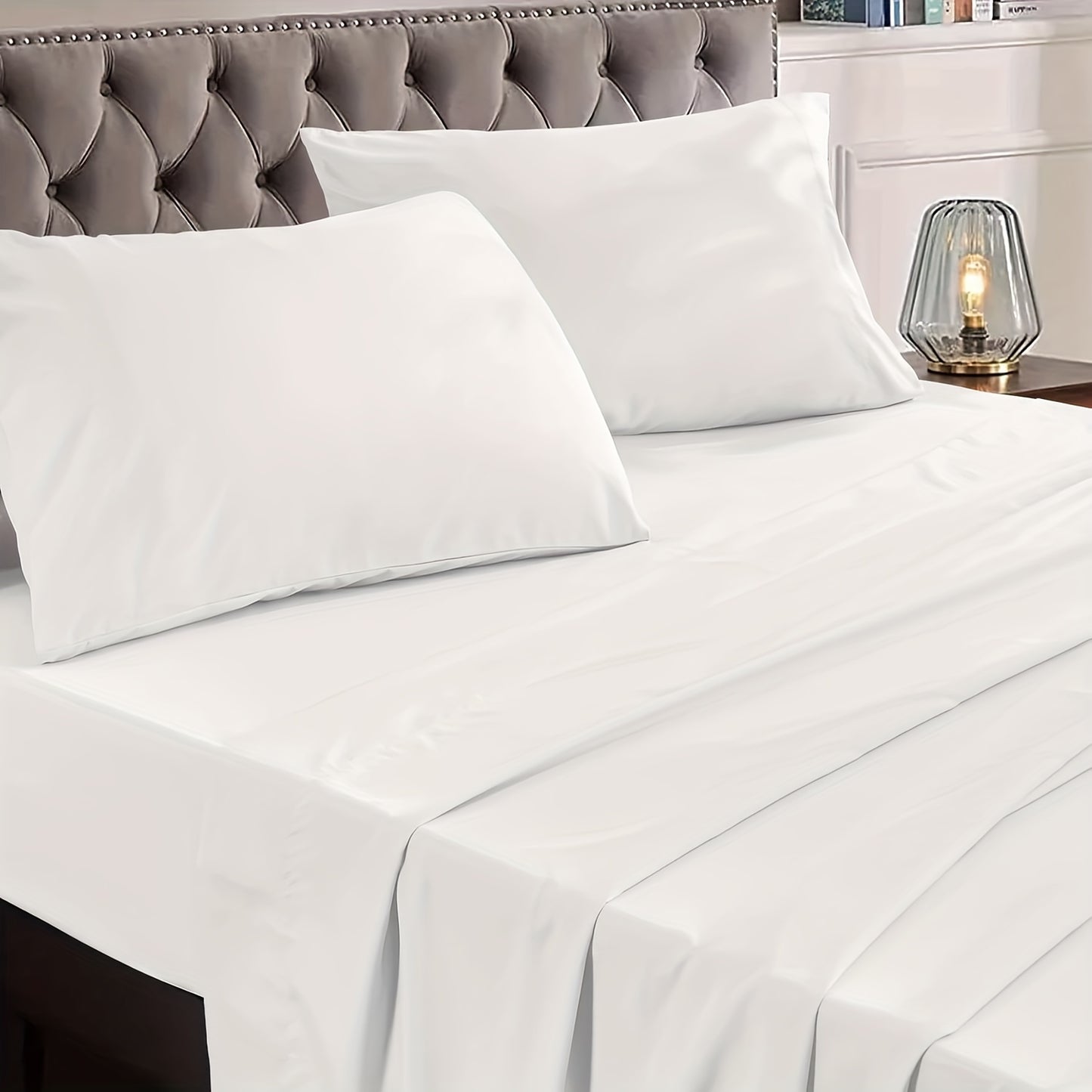 4-Piece Queen Size Luxury Bed Sheet Set - Soft, Breathable, Cooling, Wrinkle-Free, and Deep Pocket Fitted Sheets for a Comfortable Sleep - Hotel-Quality, Oeko-Tex Certified, Easy-Fit, and Hypoallergenic Bedding for Women and Men - White